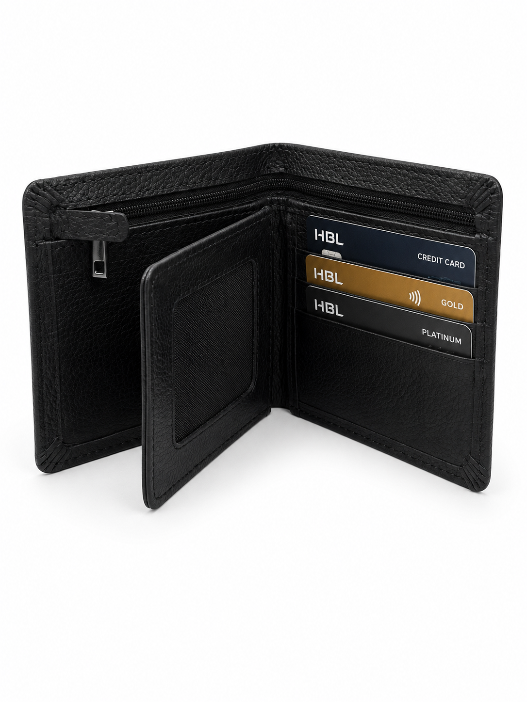 Premium Black Zip Bifold Wallet with ID Window