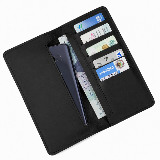 Black Leather Long Wallet with Multi Card Slots & Cash Compartment