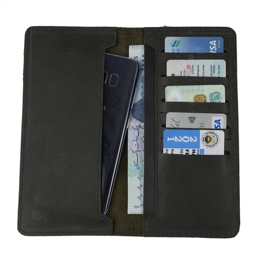 Black Leather Long Wallet with Multi Card Slots & Cash Compartment